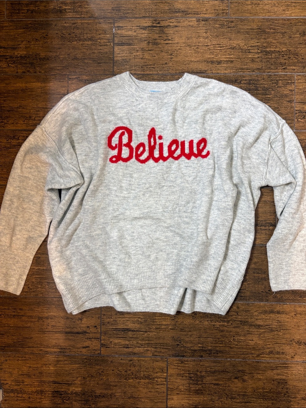 CeCe Christmas Believe Crewneck Sweater - Light Gray with Red Script